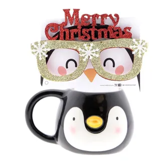 TAZA DE PINGÜINO CON GAFAS DE NAVIDAD